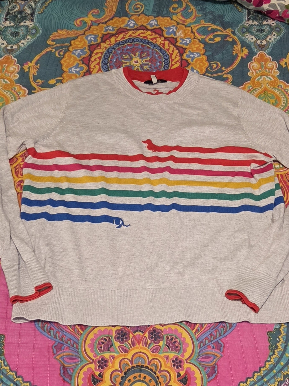 Joules Grey Knit Sweater with Red Trim And Rainbow Stripe Dachsunds